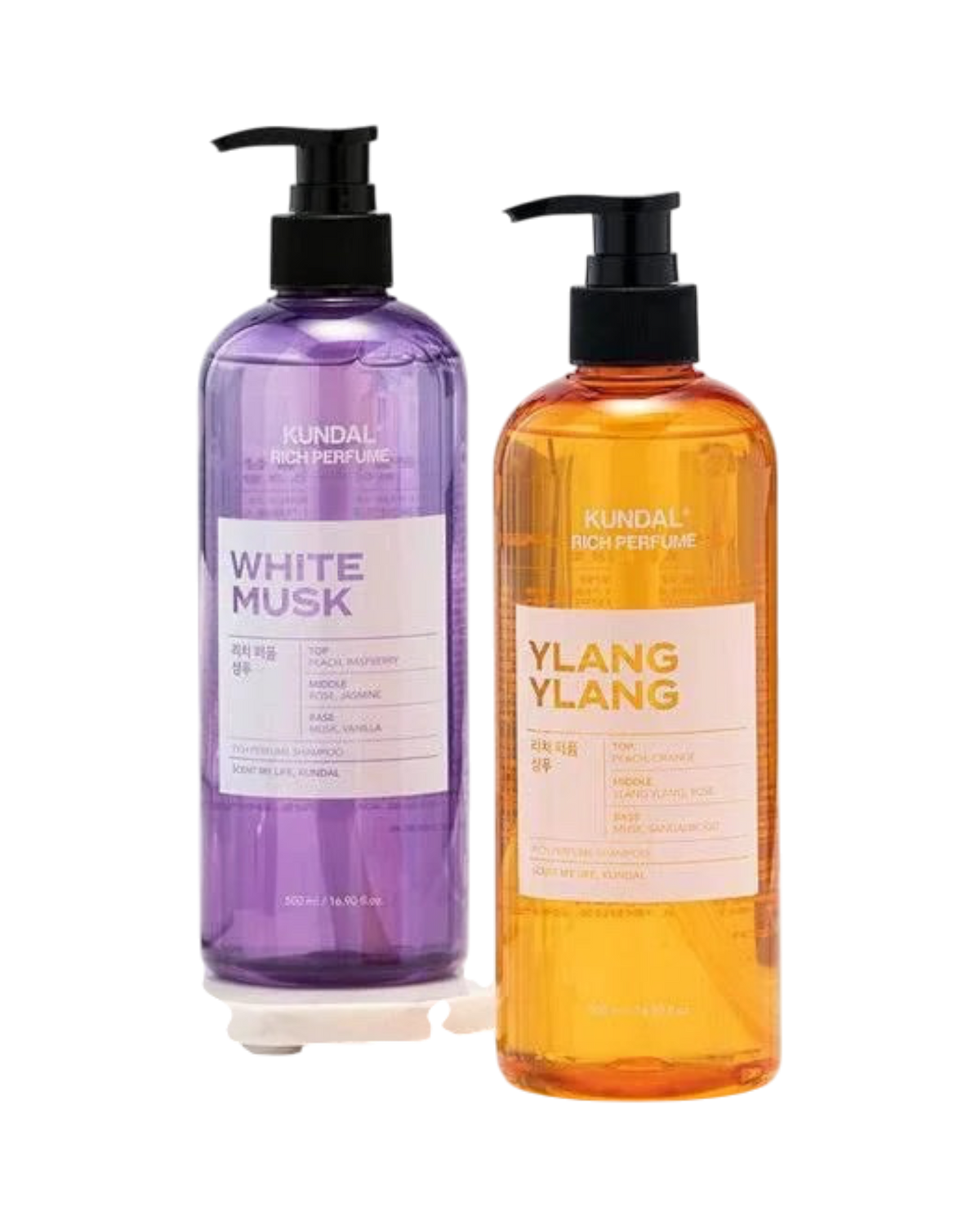K-beauty glow KUNDAL Honey & Macadamia shampoo flessen in White Musk en Ylang Ylang geuren voor droog en pluizig haar.