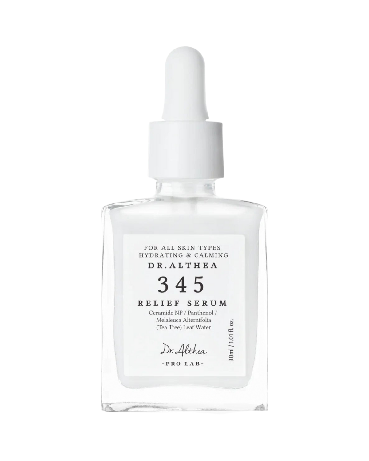 K-beauty glow Dr. Althea 345 Relief Serum in een glazen flesje met pipet voor een kalmerende en hydraterende huidverzorging.