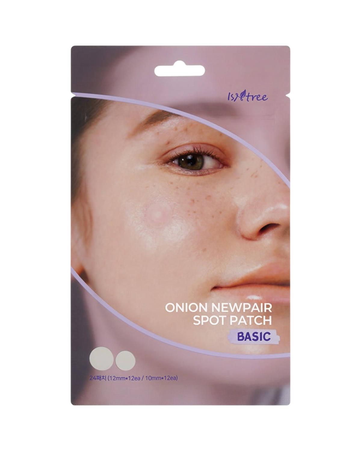 K-beauty glow Onion Newpair Spot Patch Basic verpakking met een transparante hydrocolloïde pleister op een gezicht