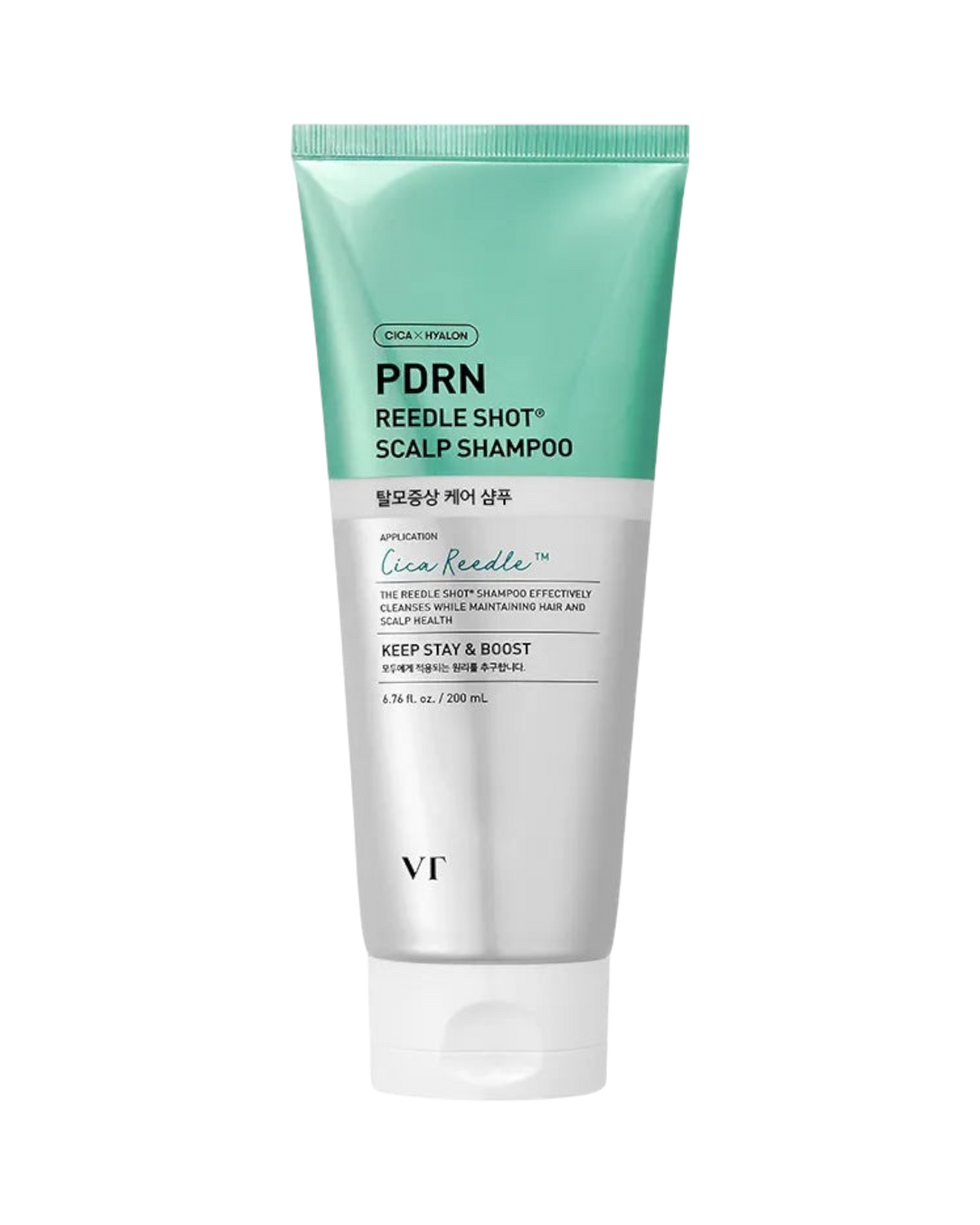 K-beauty glow PDRN Reedle Shot Scalp Shampoo in een mintgroene en witte tube voor versterking van dunner wordend haar.