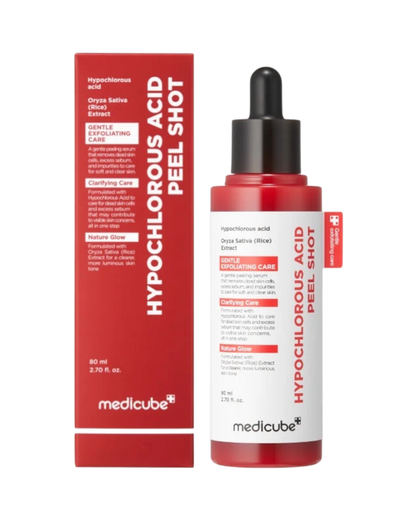 K-beauty glow Medicube Hypochlorous Acid Peel Shot serumfles en verpakking in rood en wit voor een stralende huid.