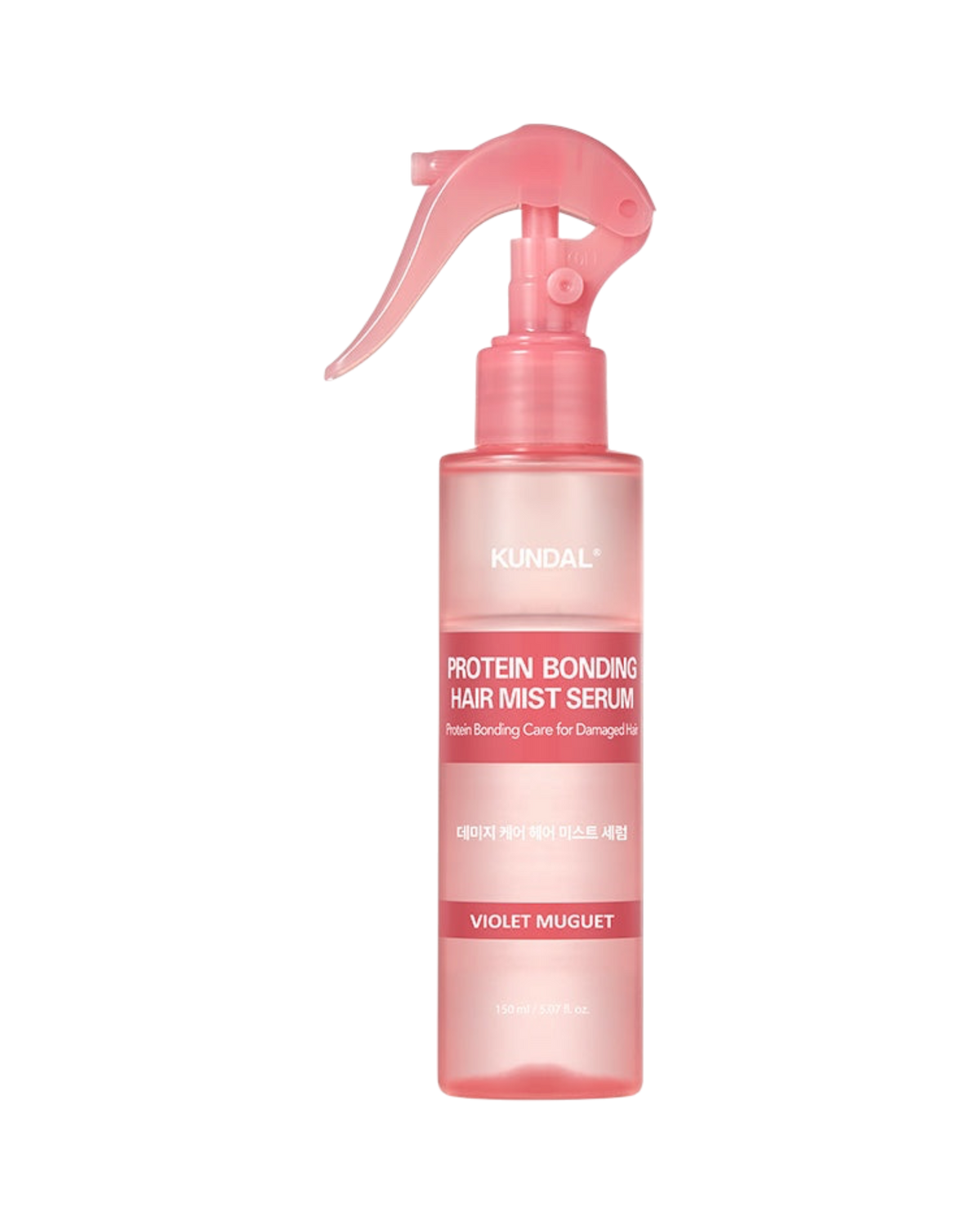 K-beauty glow KUNDAL Protein Bonding Hair Mist in een roze sprayfles voor herstel van droog en beschadigd haar.
