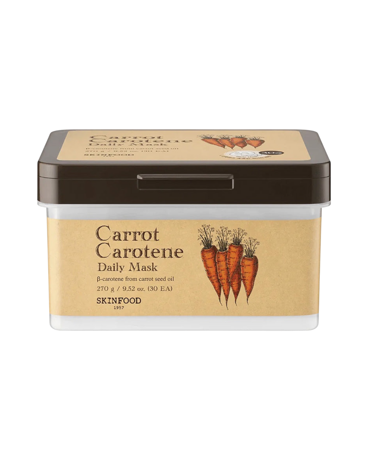 K-beauty glow Skinfood Carrot Carotene Daily Mask in een pot met 30 hydraterende en kalmerende gezichtsmaskers.
