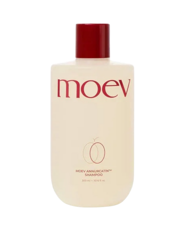 K-beauty glow Moev Annurcatin Shampoo in een fles met rode dop voor haarversterking en hoofdhuidverzorging.
