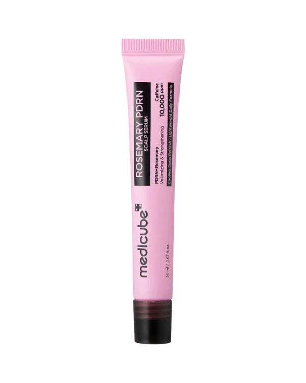 K-beauty glow Rosemary PDRN Scalp Serum in een roze tube met rollerball applicator voor voller en gezonder haar.